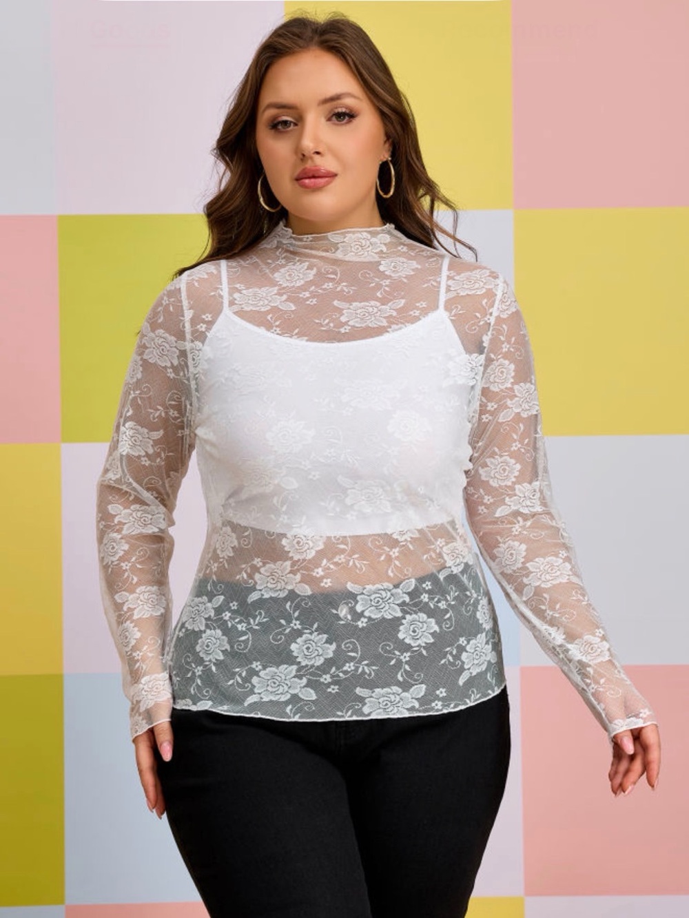 Mesh White Floral Lace Long-Sleeve Top